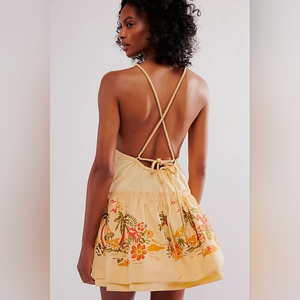 Free People Deserted Island Mini Dress Tropical Print Rope Back NWT - Picture 3 of 9
